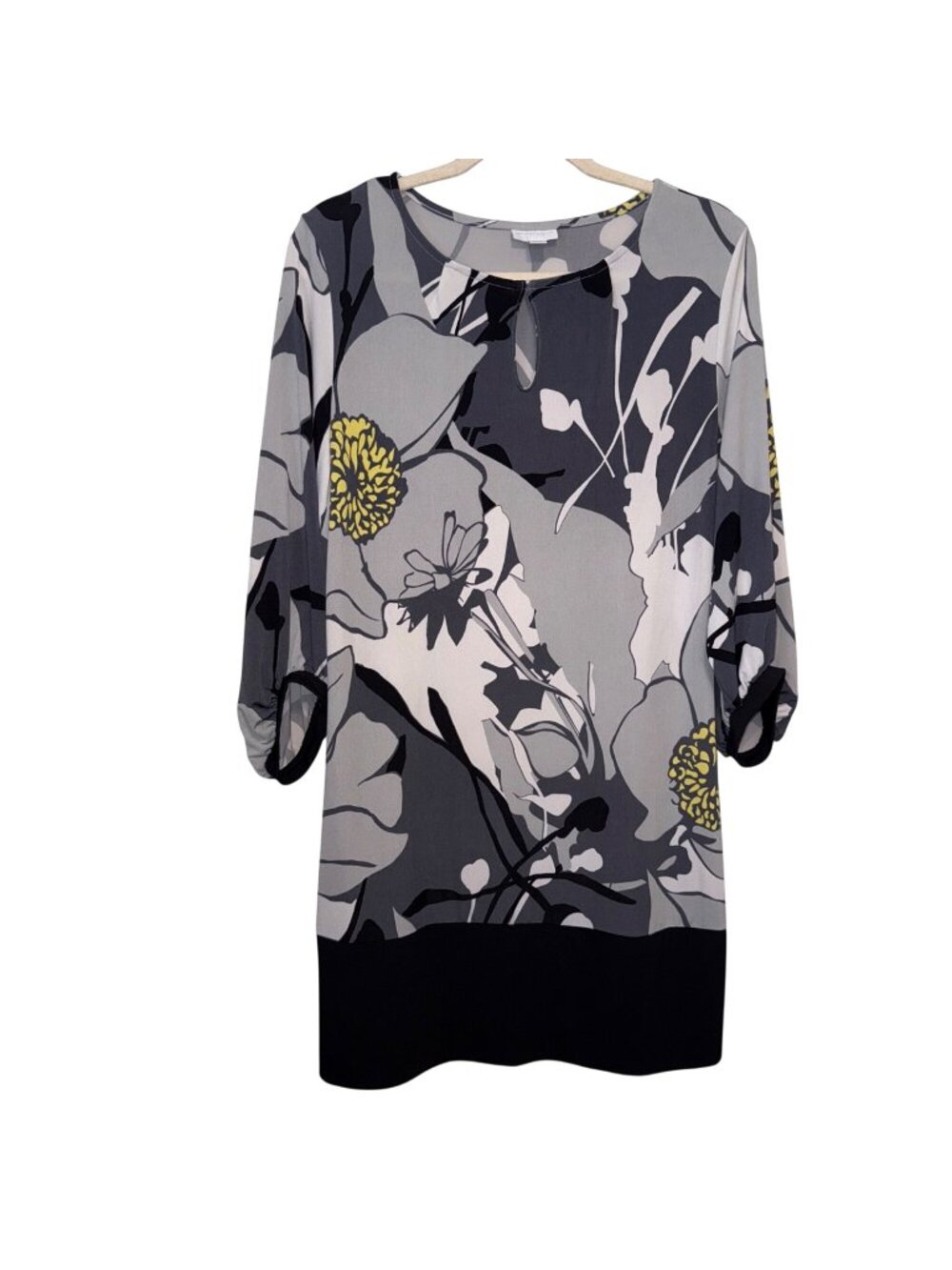 New York & Company Floral Print Stretch Tunic  M Gray Yellow Black Keyhole Neckl